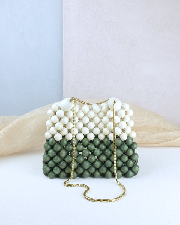Two tone white and gray handmade wood woven beads cross body handbag bag with snake chain