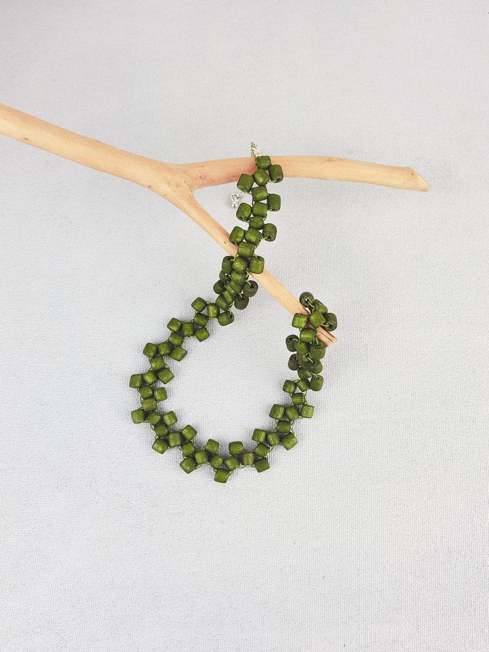 Green handmade wood woven beads statement neckalce