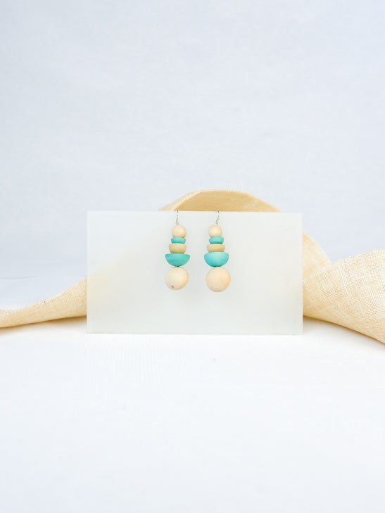 Natural and mint handmade wood beads tropical statement dangling fish hook earrings