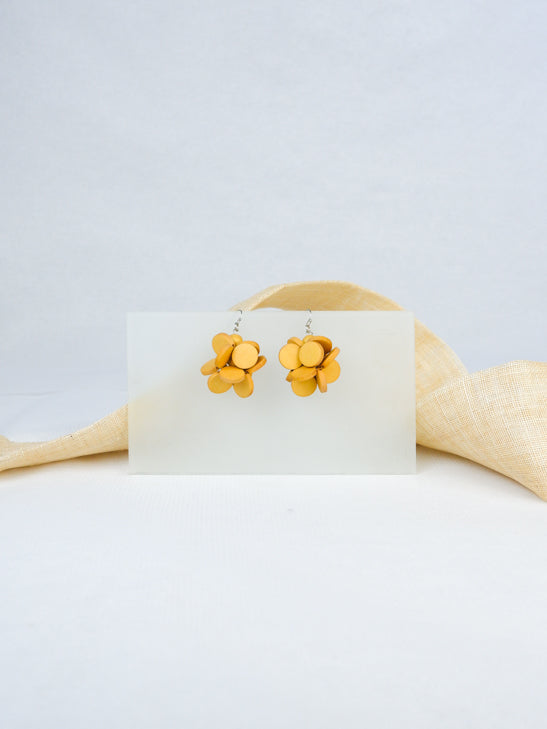 Yellow handmade wood fish hook mini cluster statement dangling earrings