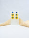 Blue and Yellow handmade wood and acrylic ear post round tropical statement dangling earrings