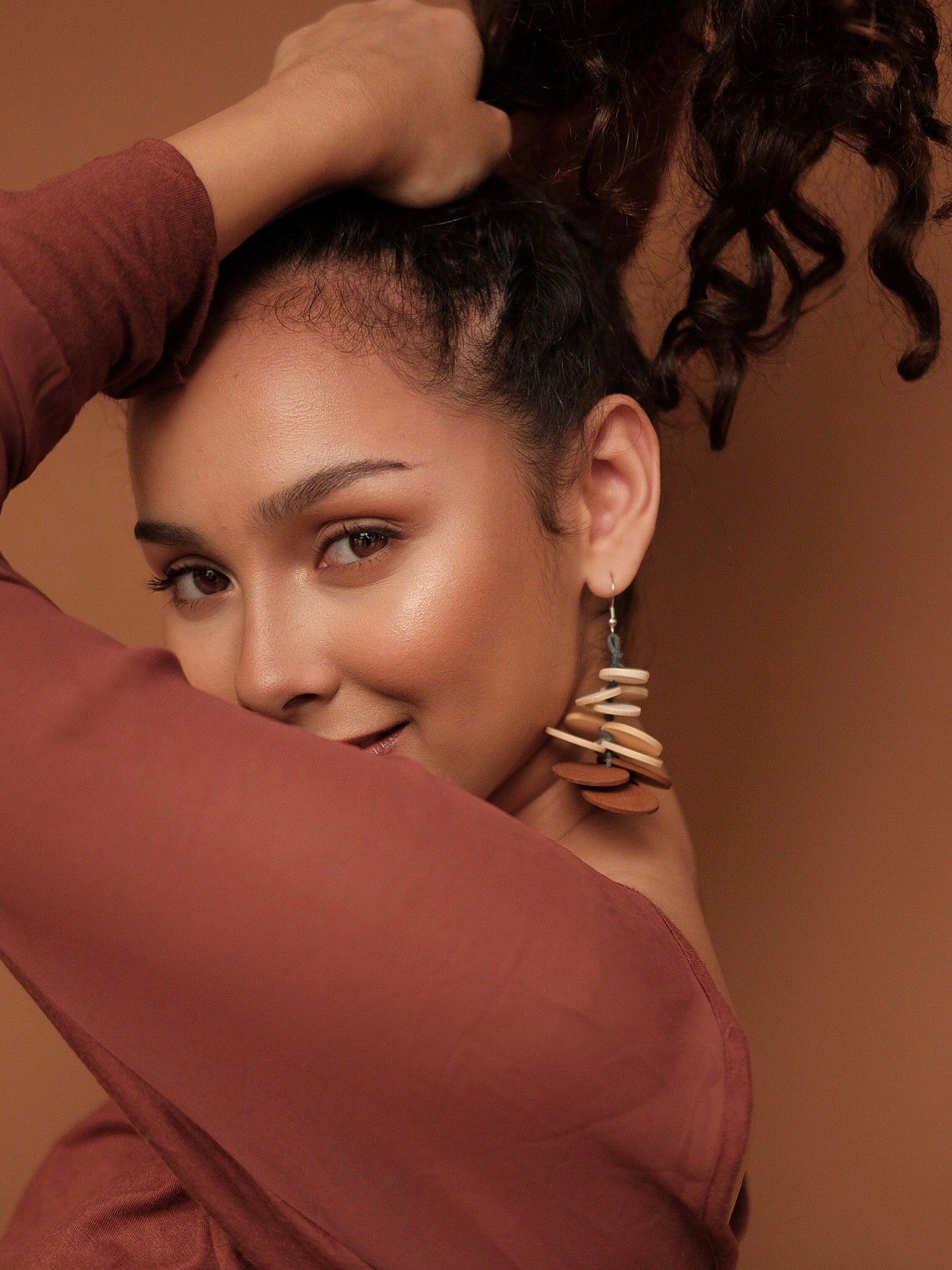 Daisy wearing Moy Maple Handmade Wood Earrings