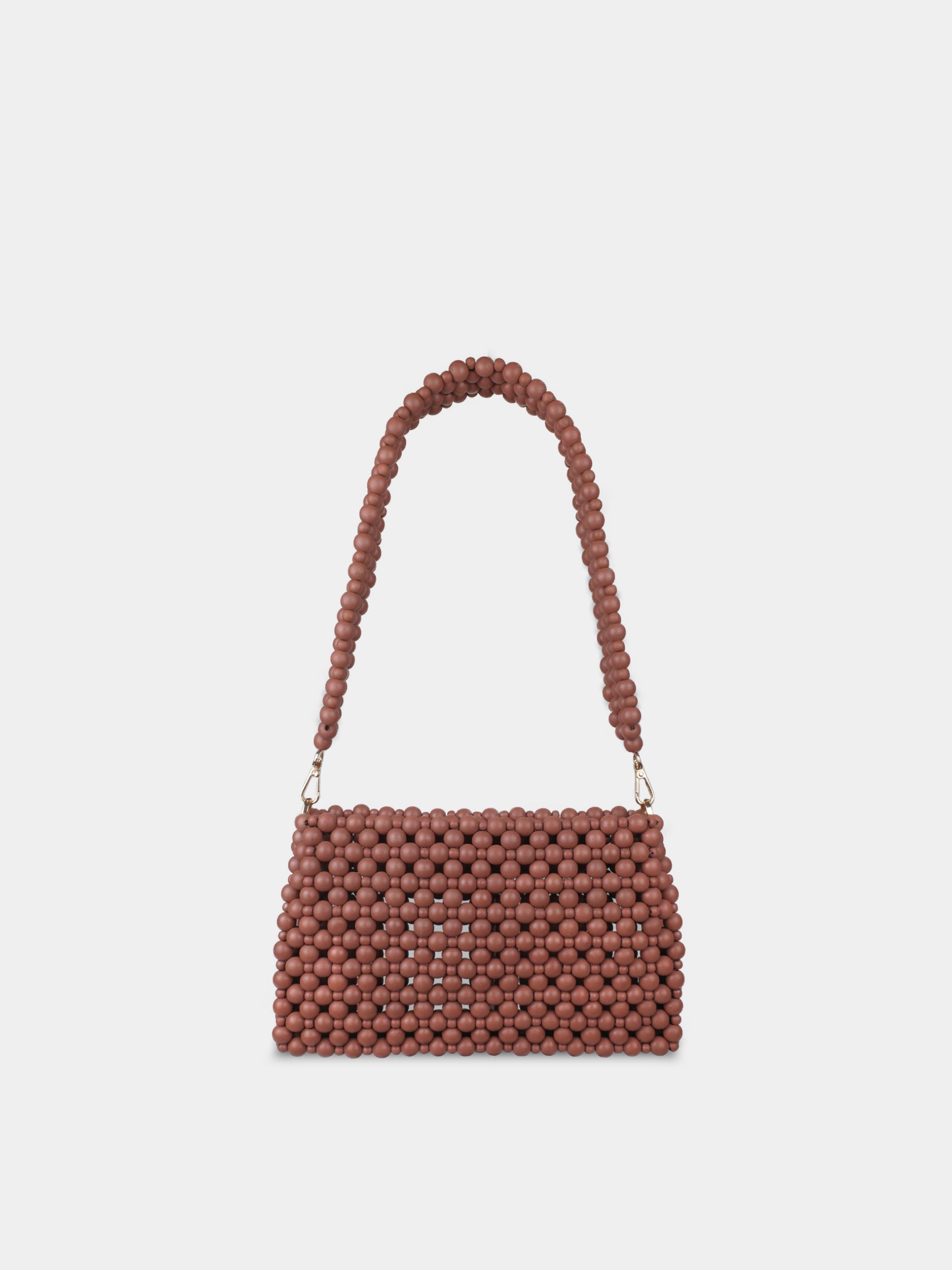 Brown beaded handbag on a light gray background