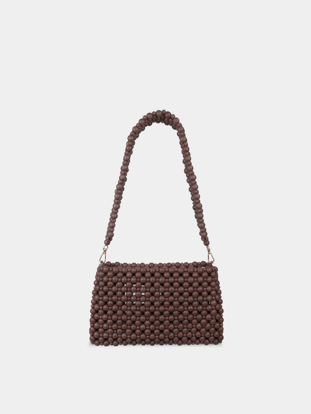Brown beaded handbag on a white background