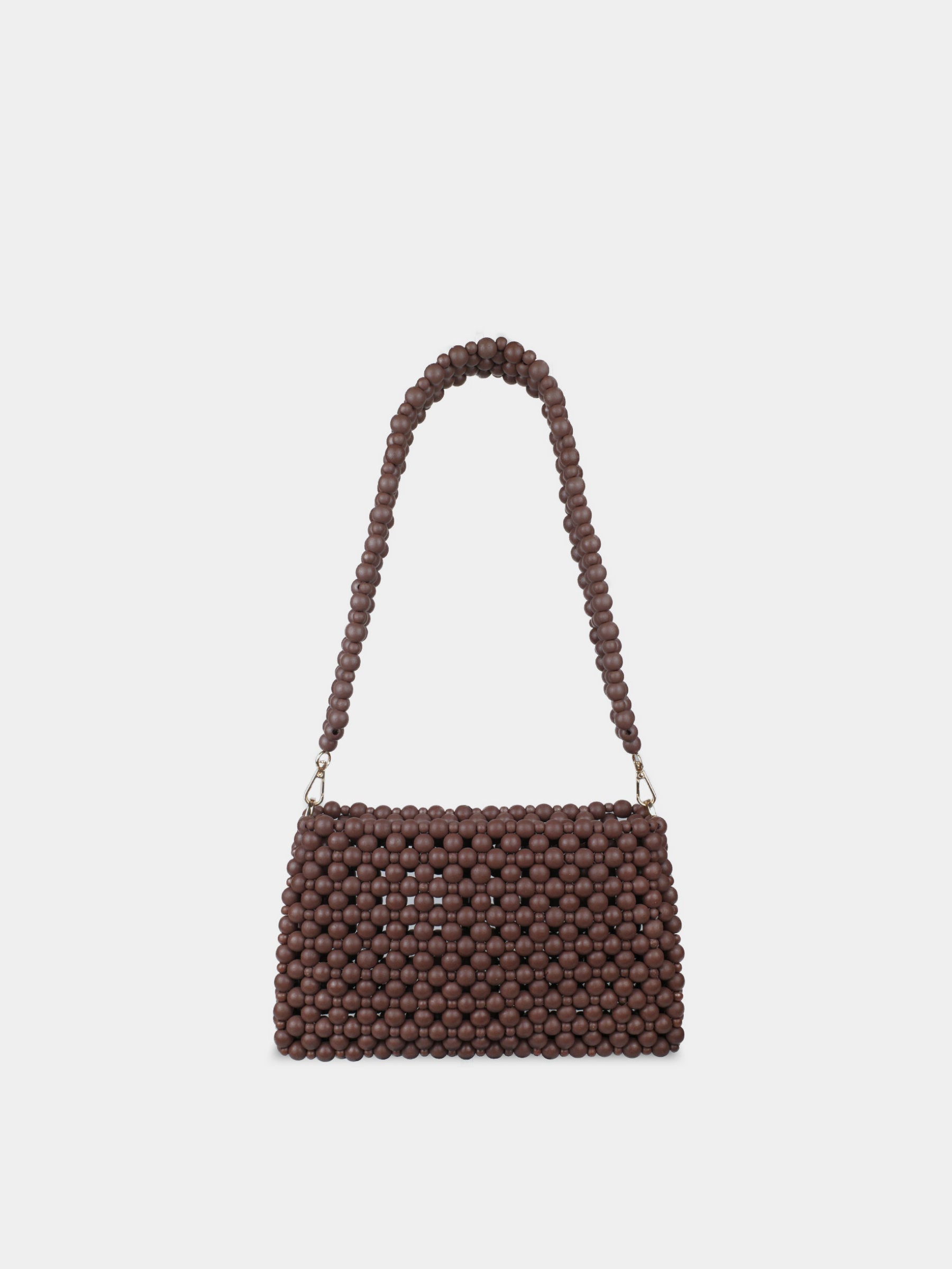 Brown beaded handbag on a white background
