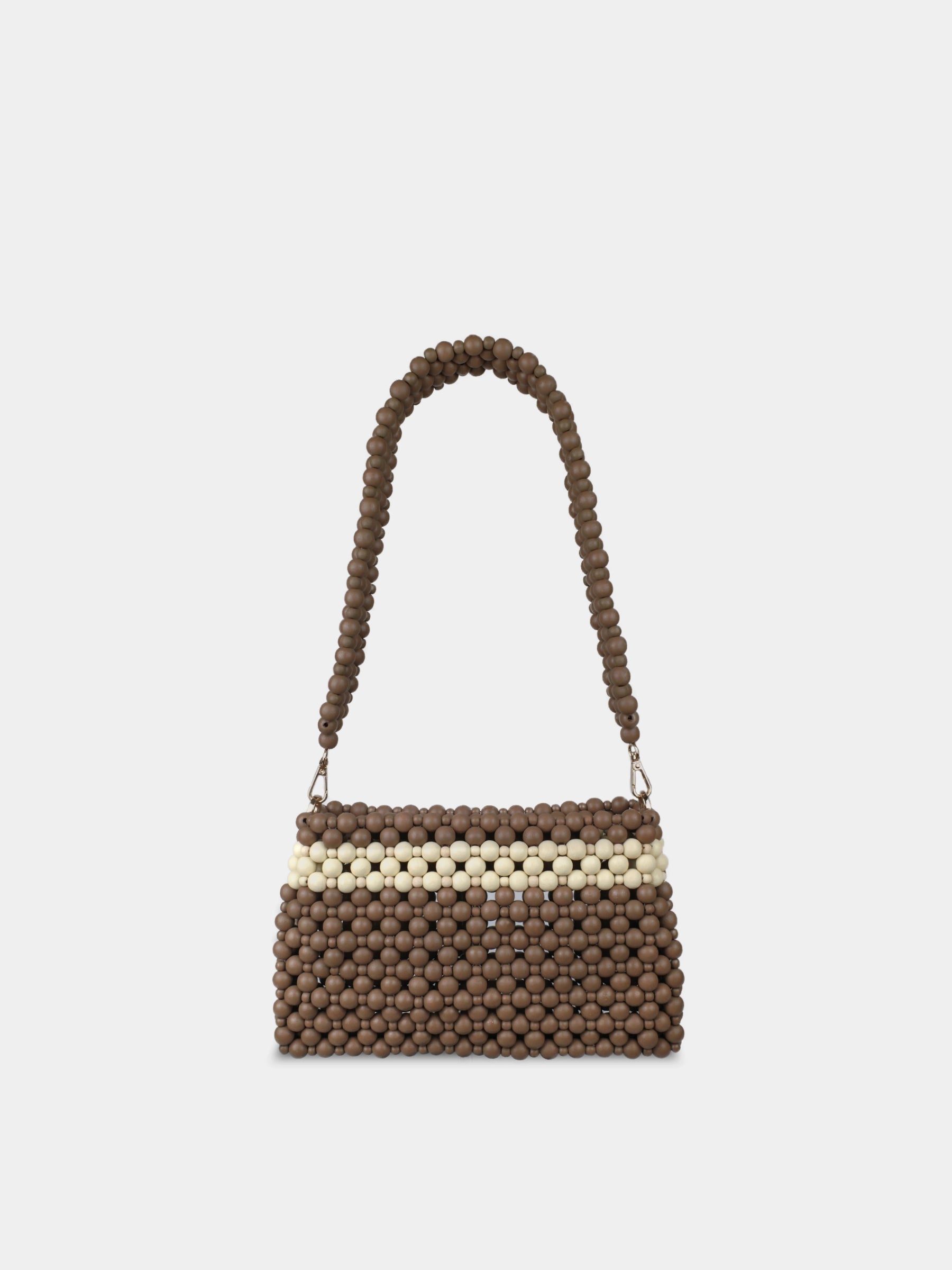 Brown and beige beaded handbag on a light gray background