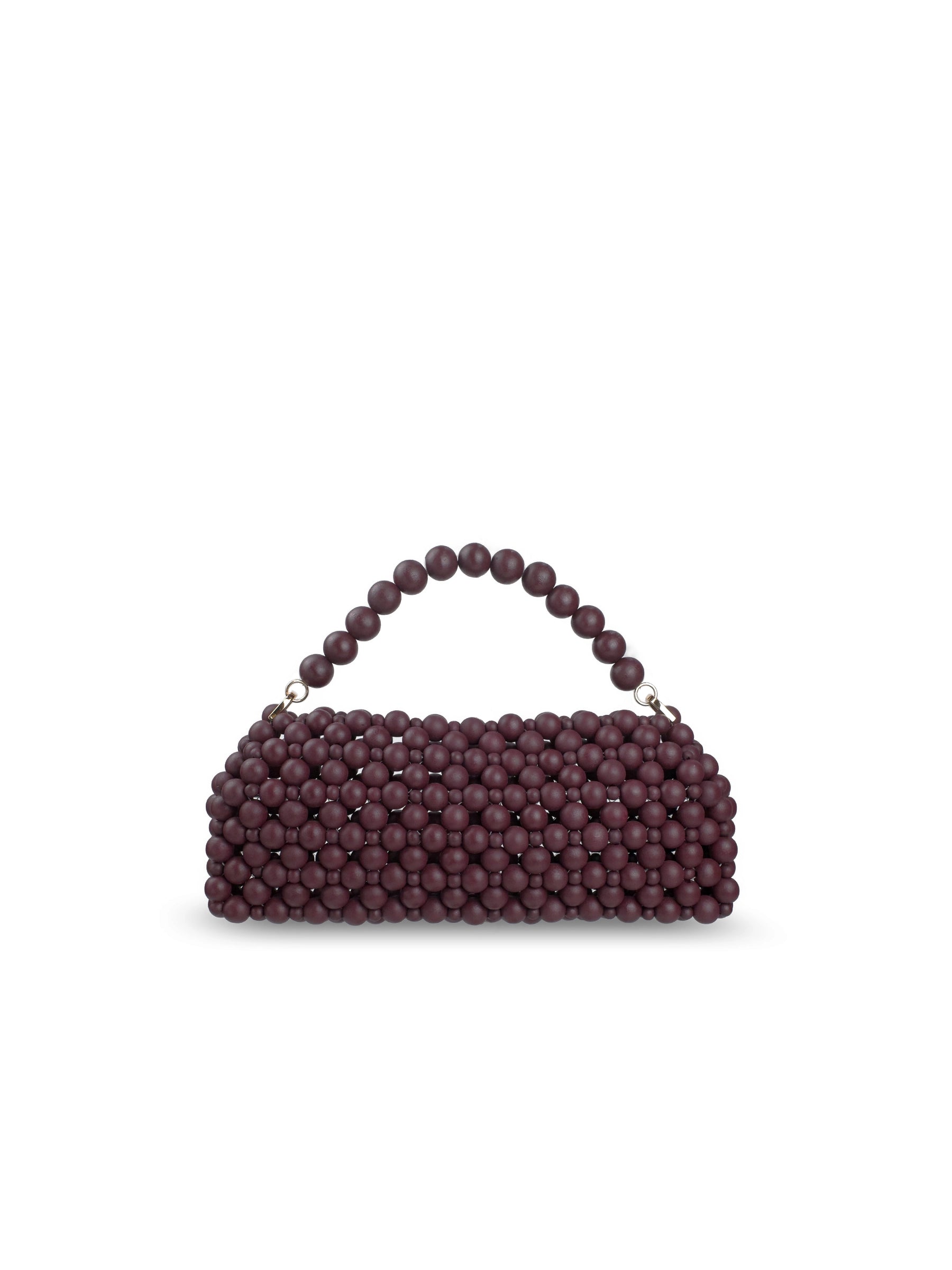 A small structured handbag covered in burgundy wood beads, featuring a matching beaded top handle and gold-tone hardware, set against a plain white background.