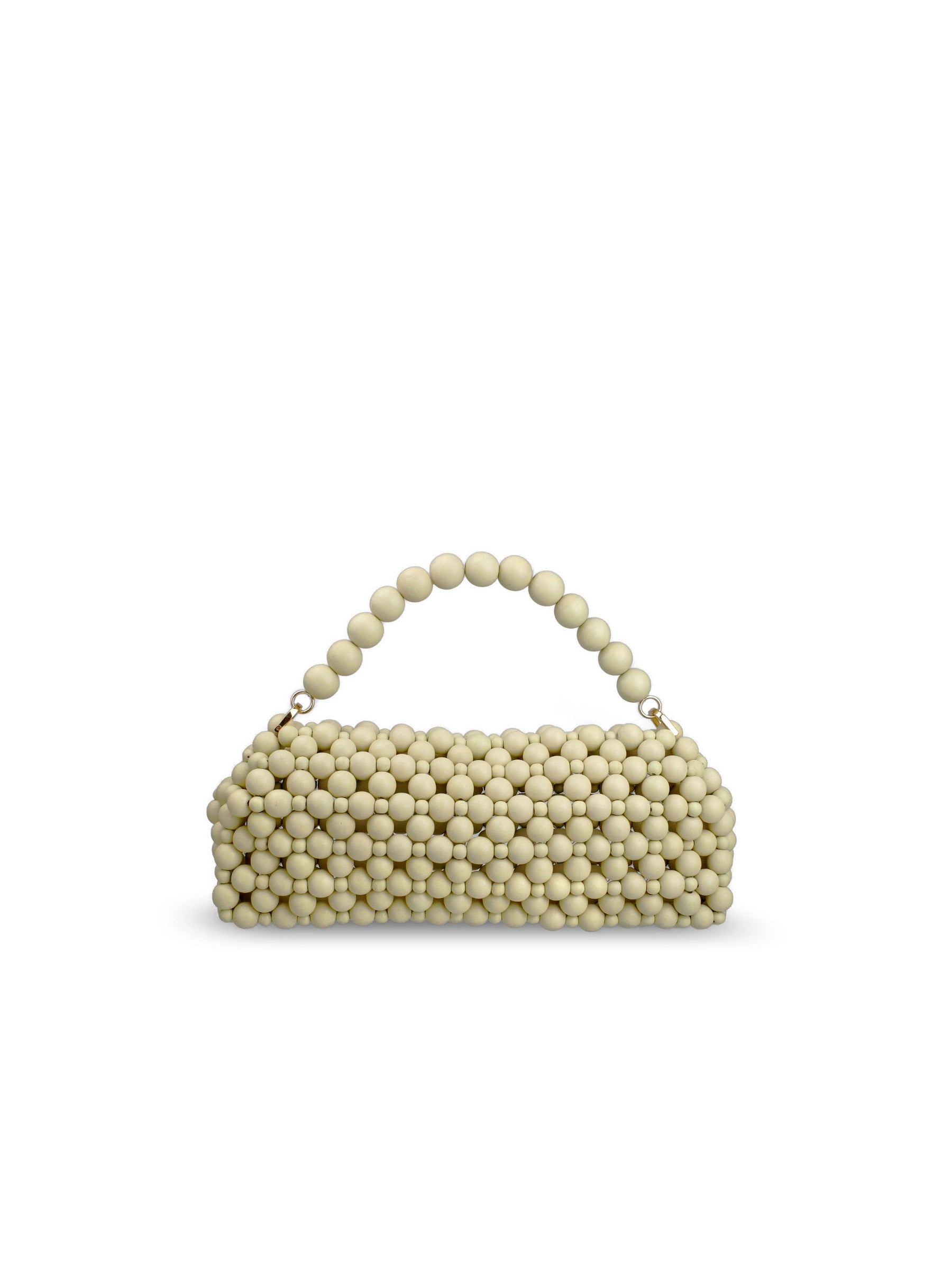A structured handbag made of cream-colored wooden beads, featuring a rounded top handle and a rectangular body, set against a plain white background.