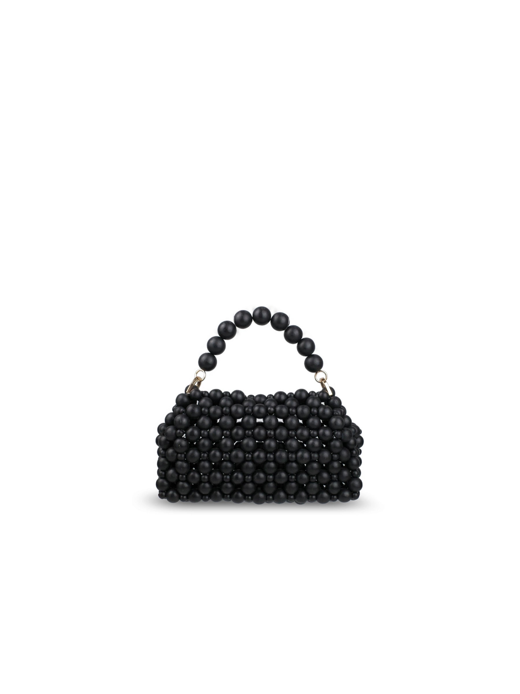 A small structured handbag covered in black wood beads, featuring a matching beaded top handle and gold-tone hardware, set against a plain white background.