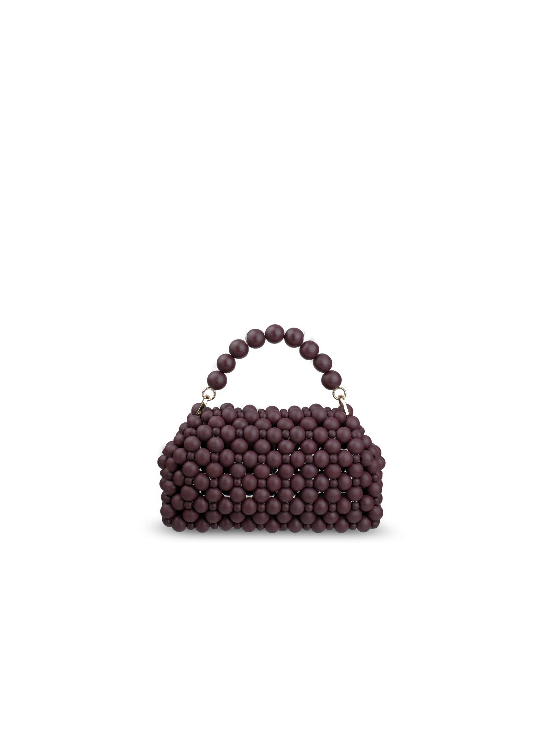 A small structured handbag covered in dark plum purple wood beads, featuring a matching beaded top handle and gold-tone hardware, set against a plain white background.