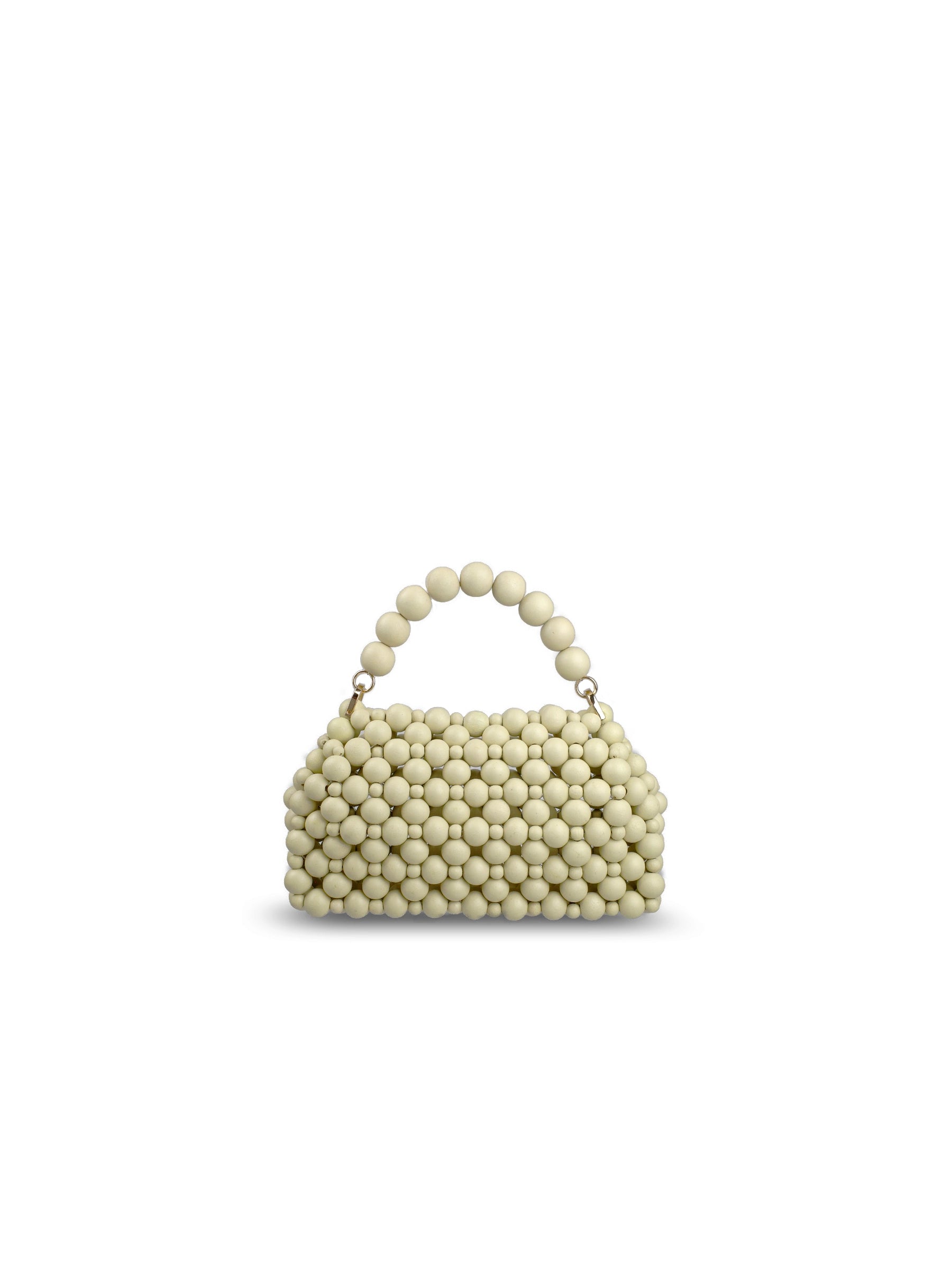 A small structured handbag covered in milk white wood beads, featuring a matching beaded top handle and gold-tone hardware, set against a plain white background.