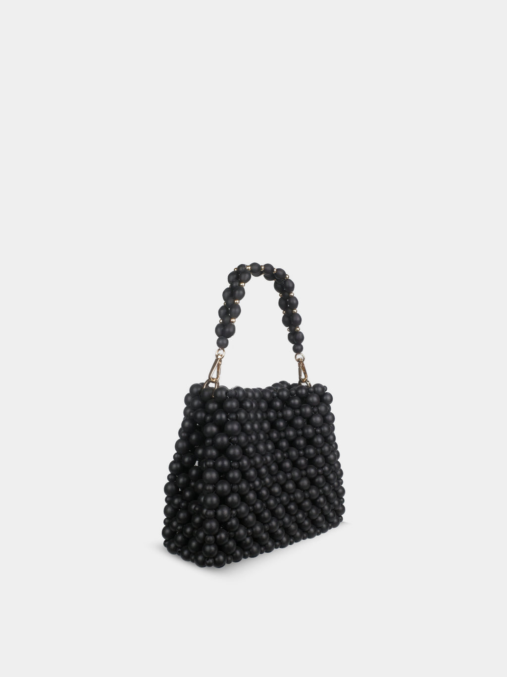 Black beaded handbag on a light gray background