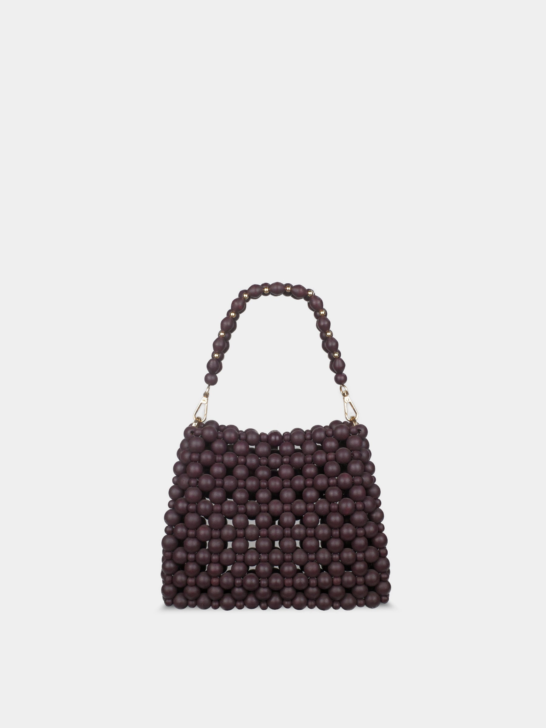 Brown beaded handbag on a light gray background