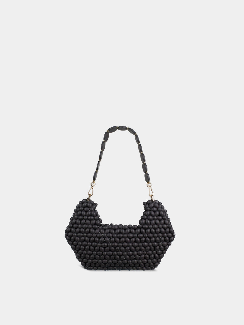 Black beaded handbag on a light gray background