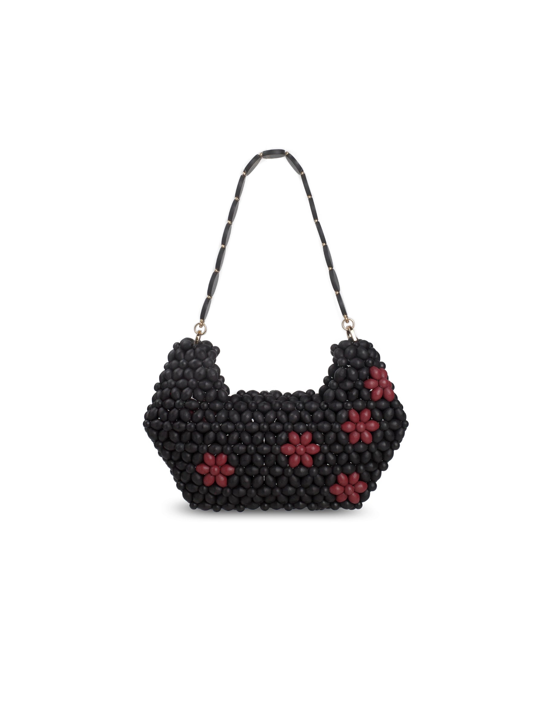 A black beaded shoulder bag with a short strap and red flower accents, shown against a plain white background.