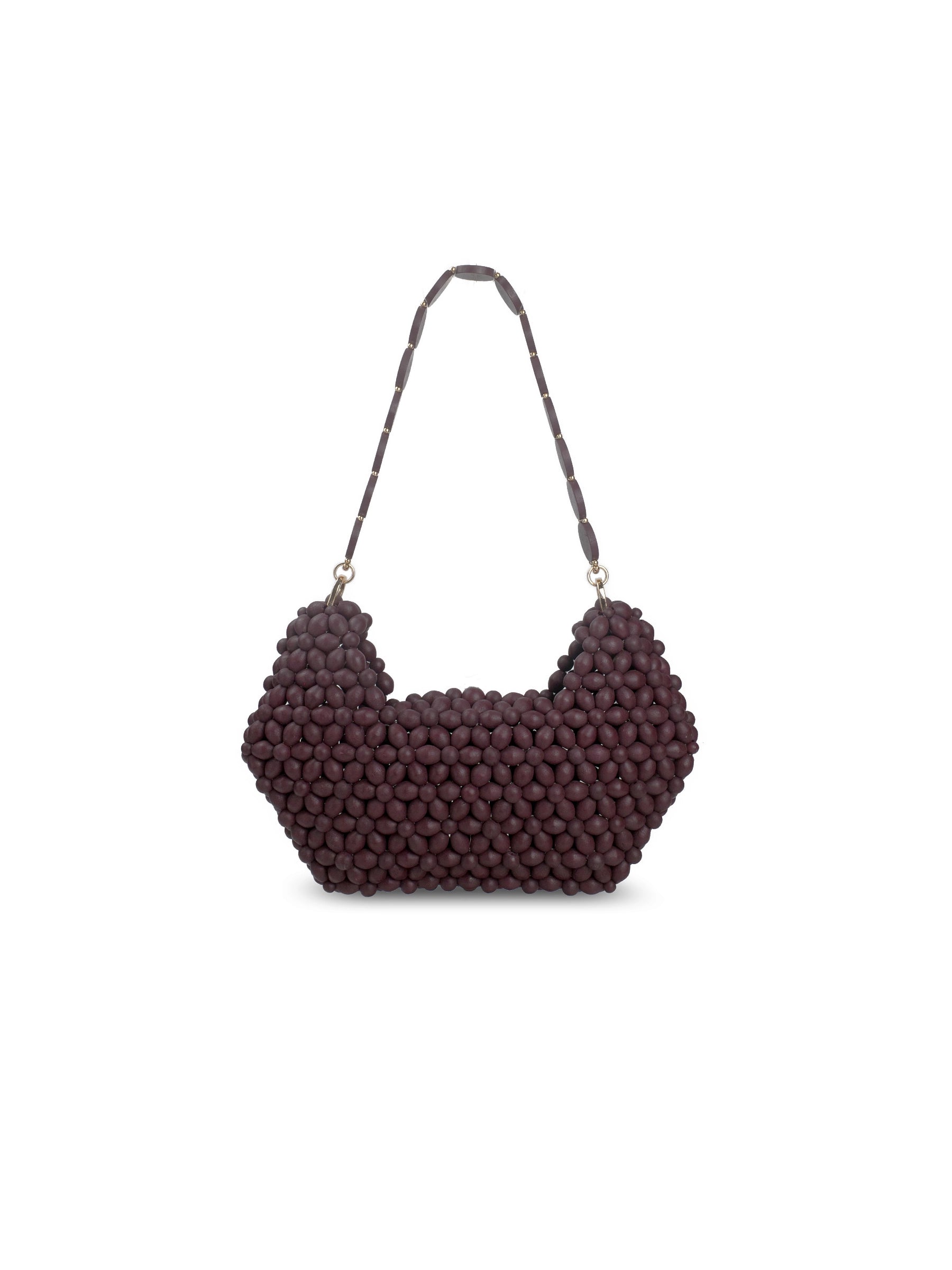 A dark plum purple beaded shoulder bag with a matching beaded strap and gold-tone hardware, shown against a plain white background.