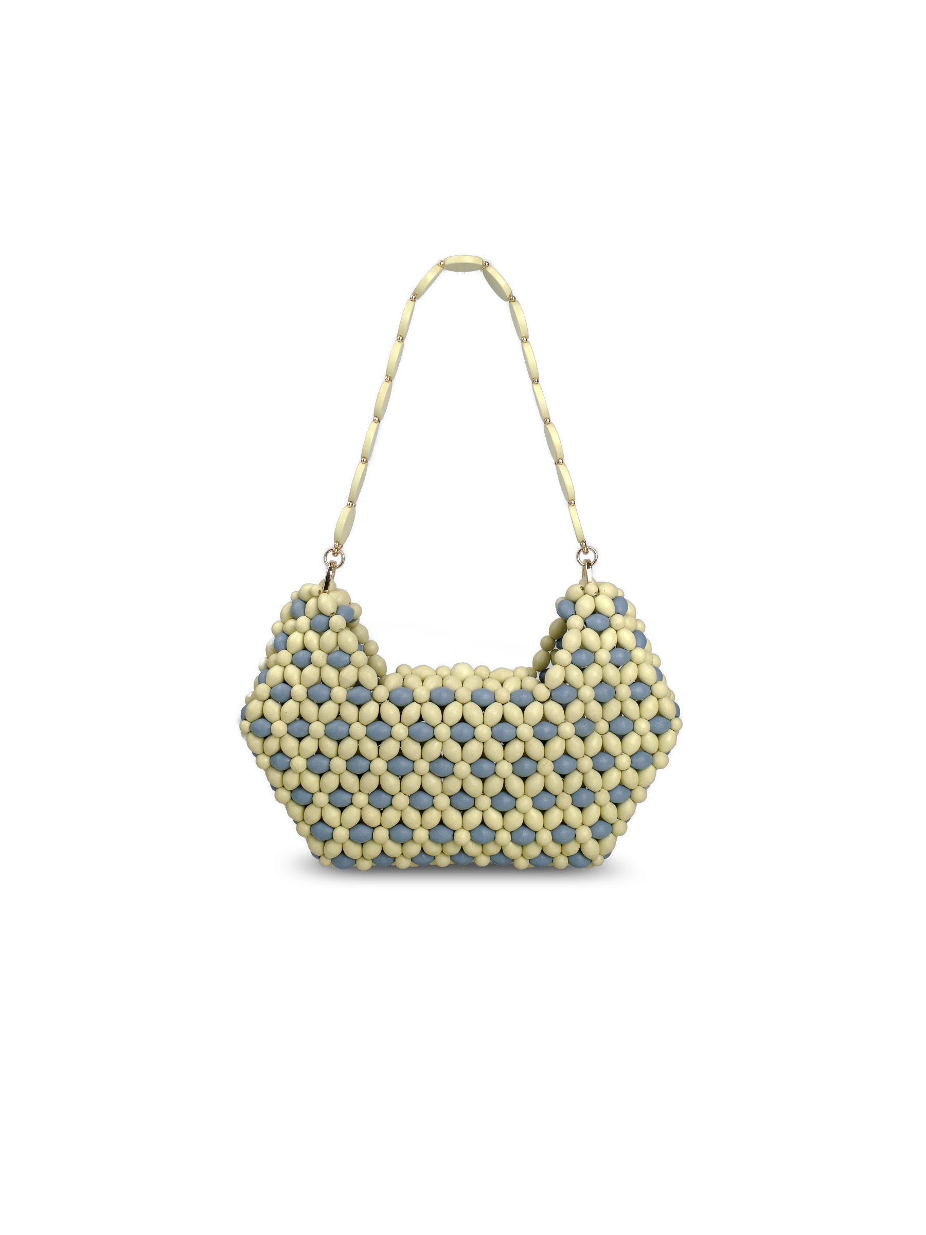 A small shoulder bag with a chunky woven pattern of pale yellow and light blue beads, featuring a matching woven shoulder strap, shown against a plain white background.