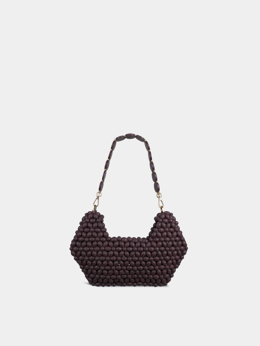Maroon beaded handbag on a light gray background
