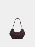 Maroon beaded handbag on a light gray background