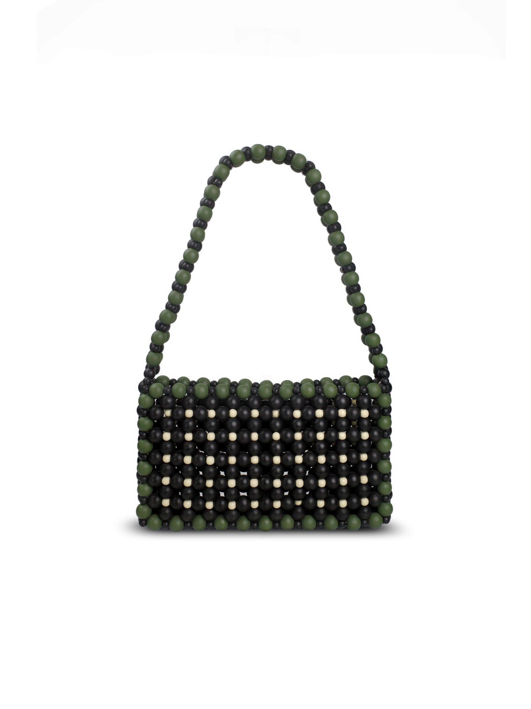 A small rectangular handbag made of dark green and black beaded beads with a matching beaded shoulder strap, shown on a plain white background.