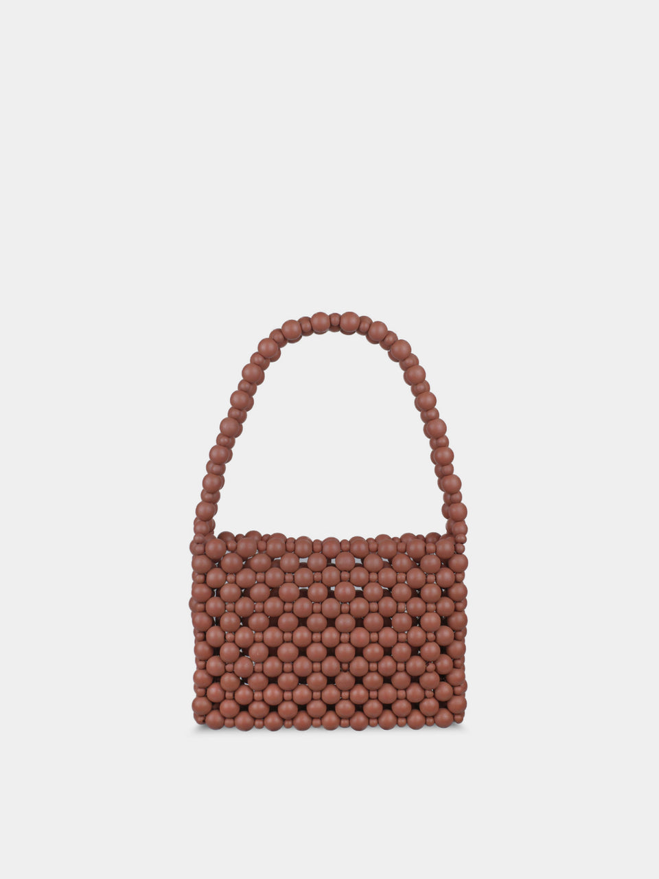 Brown beaded handbag on a light gray background