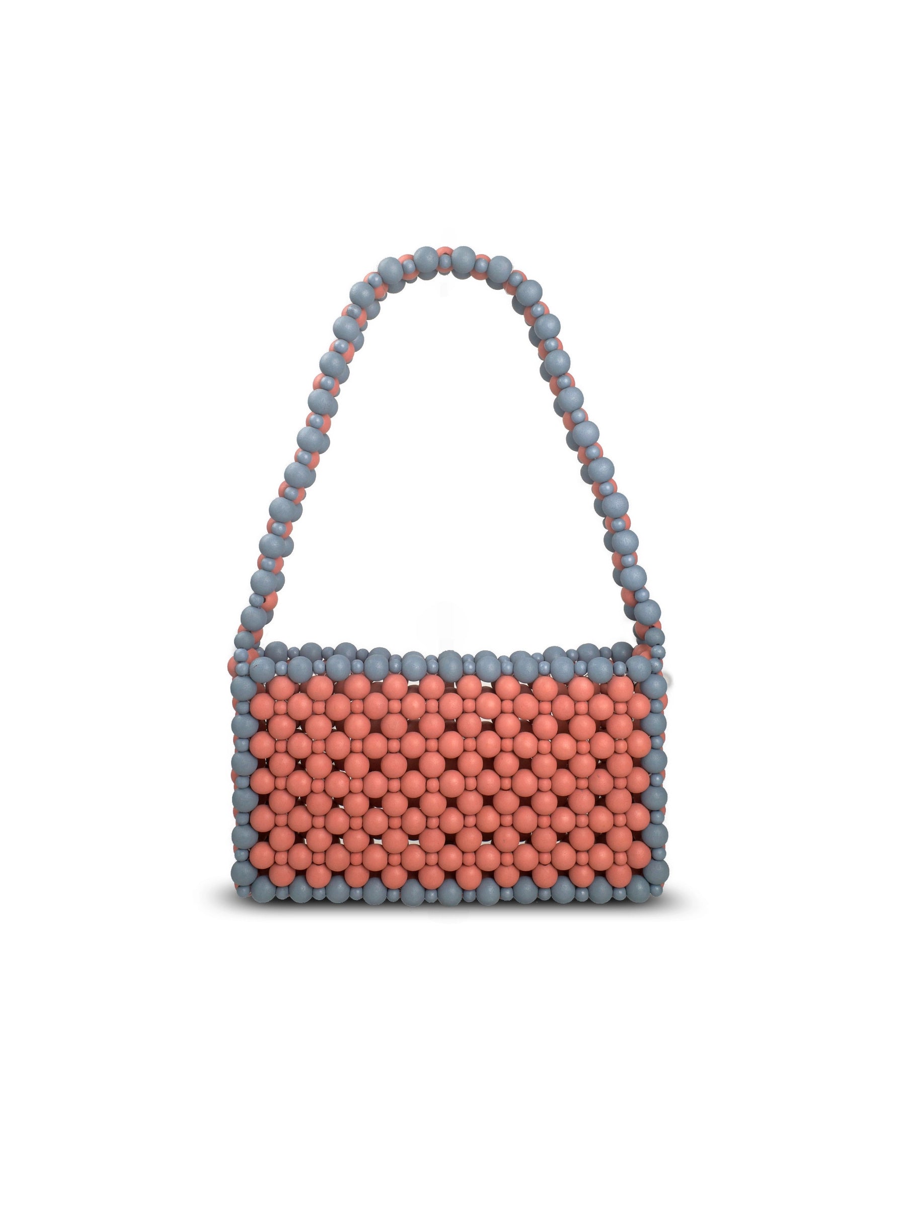 A rectangular handbag made of small beaded spheres, featuring a coral pink center and a slate blue border and handle, shown on a plain white background.