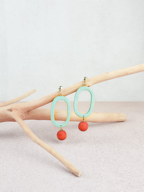 Mint and red handmade wood ear post statement tropical earrings