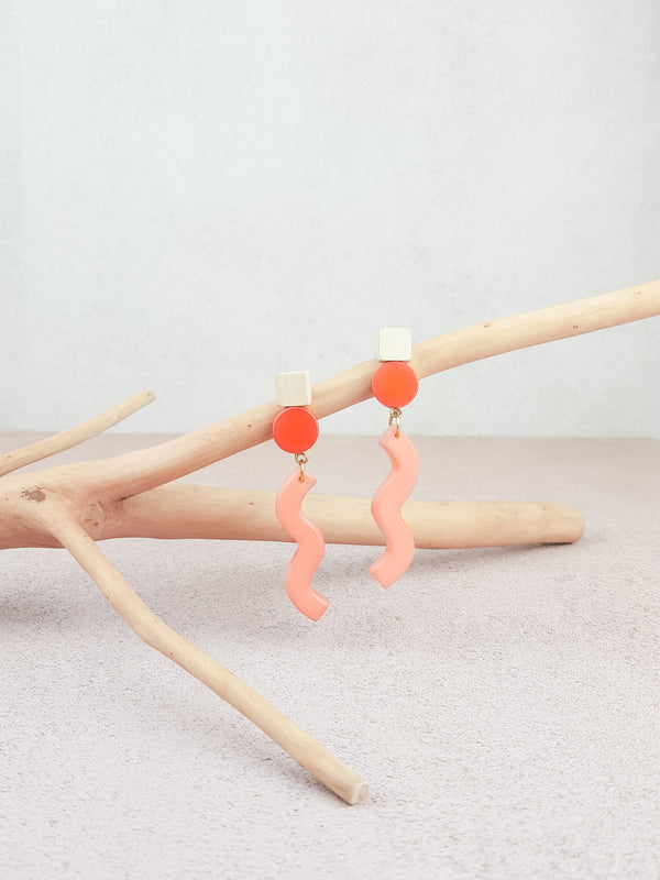 Pink handmade wood and acrylic ear post geometric tropical statement earrings