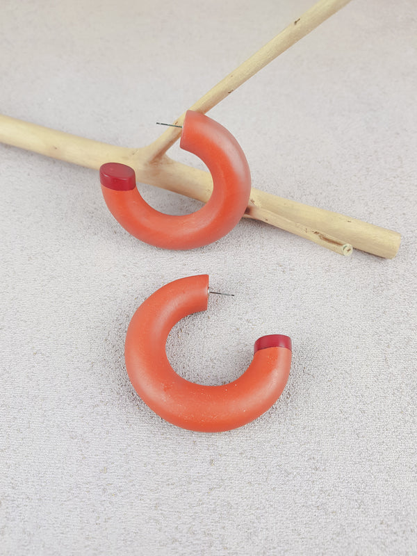 Handmade wood and acrylic round hoop ear post earrings in red