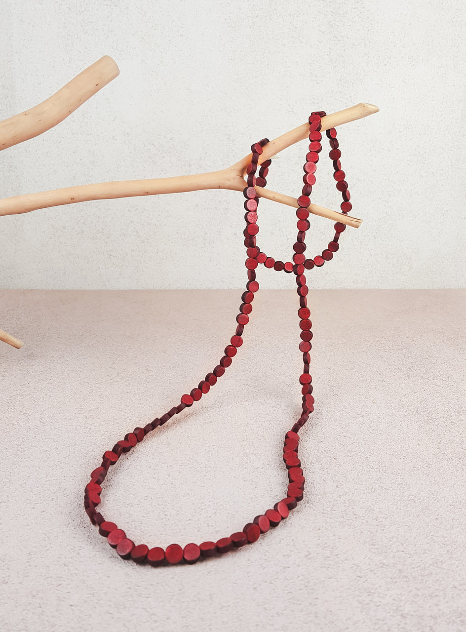 Red handmade wood beads stranded long necklace