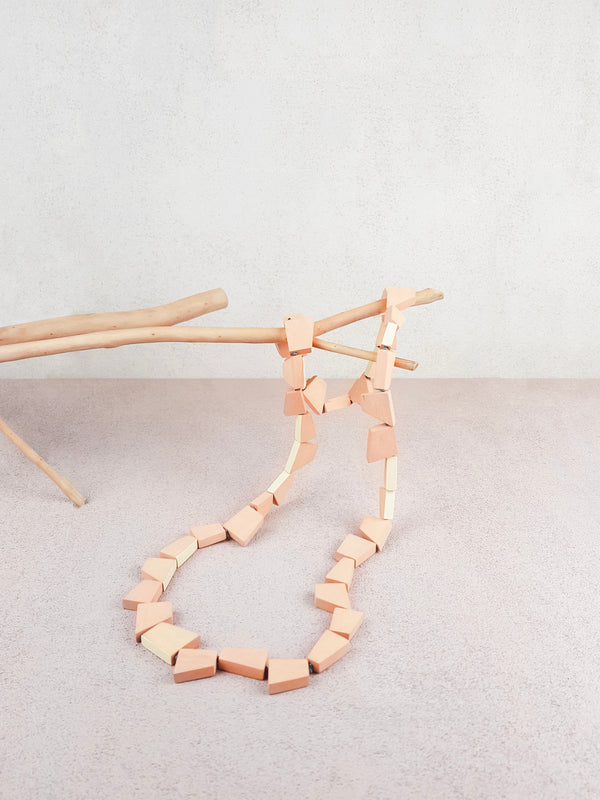 Pink and natural handmade wood geometric shape long necklace