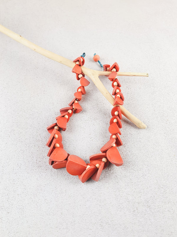 Red handmade wood geometric shape short statement necklace