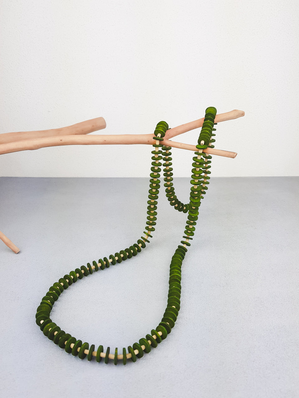 Green handmade wood geometric round statement long necklace