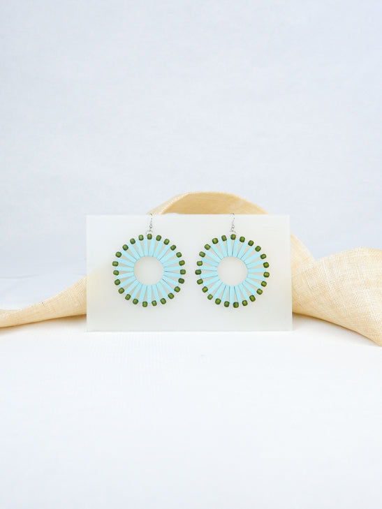 Sky blue handmade wood woven beads round shaped tropical statement dangling fish hook earrings