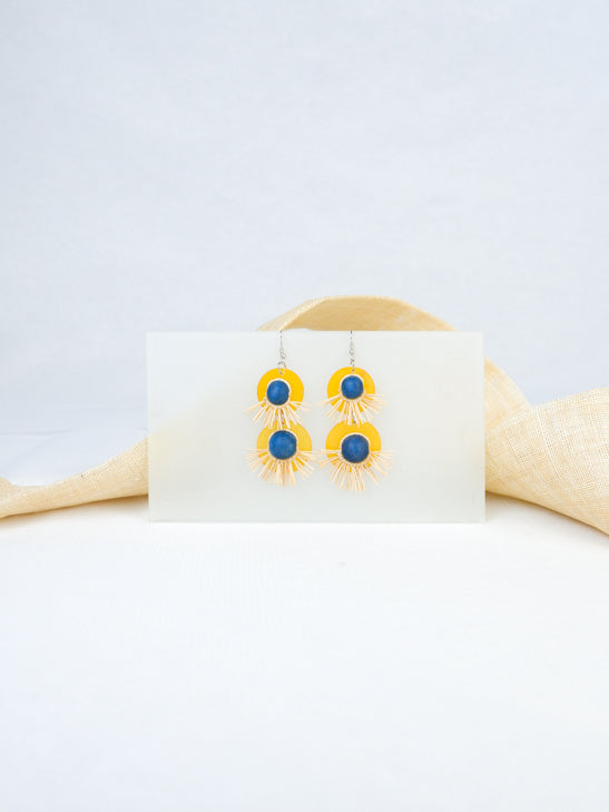 Yellow and Blue handmade wood and acrylic tropical statement dangling fish hook earrings