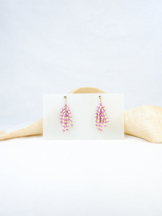 Pink handmade wood beads strand ear post statement tropical dangling earrings