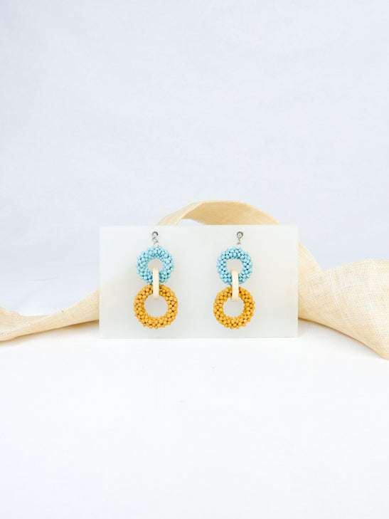 Blue and yellow handmade wood ear post geometric tropical statement earrings
