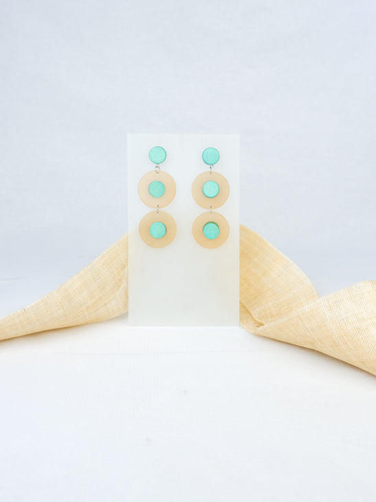 Mint handmade wood and acrylic ear post round tropical statement dangling earrings