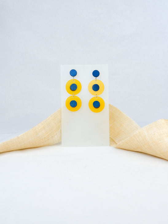 Blue and Yellow handmade wood and acrylic ear post round tropical statement dangling earrings