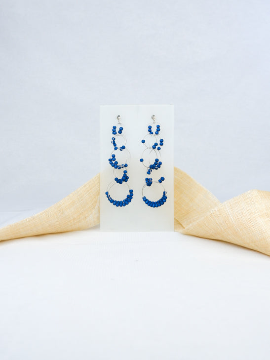 Blue handmade wood ear post contemporary statement tropical dangling earrings
