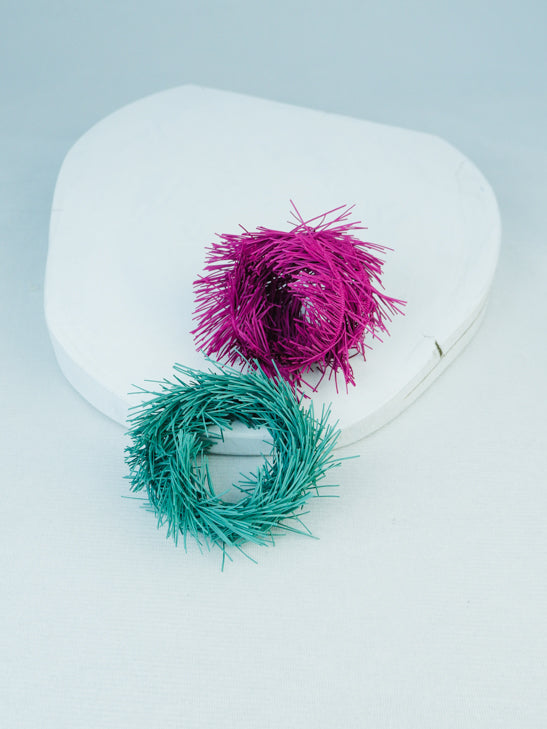 handmade elastic rubber fringe memory wire bracelet in purple and  mint