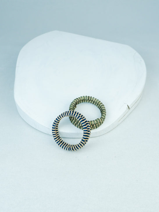 handmade wood geometric memory wire bracelet in blue and grey