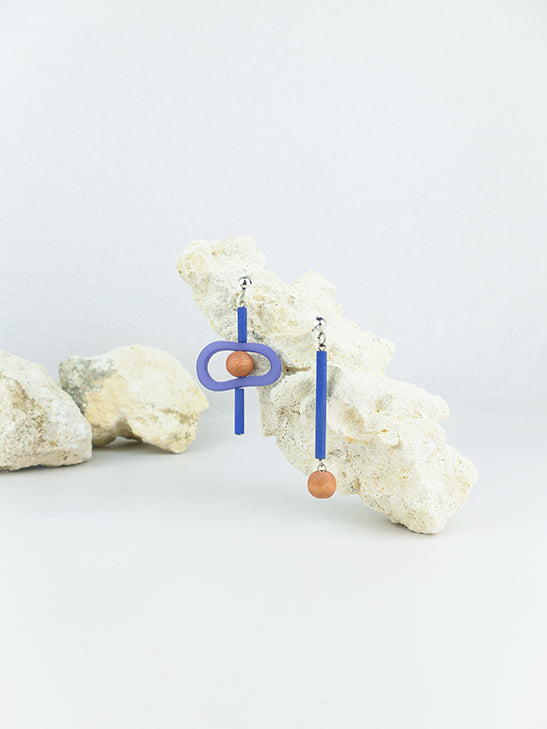 Blue handmade wood and acrylic ear post geometric shape statement earrings