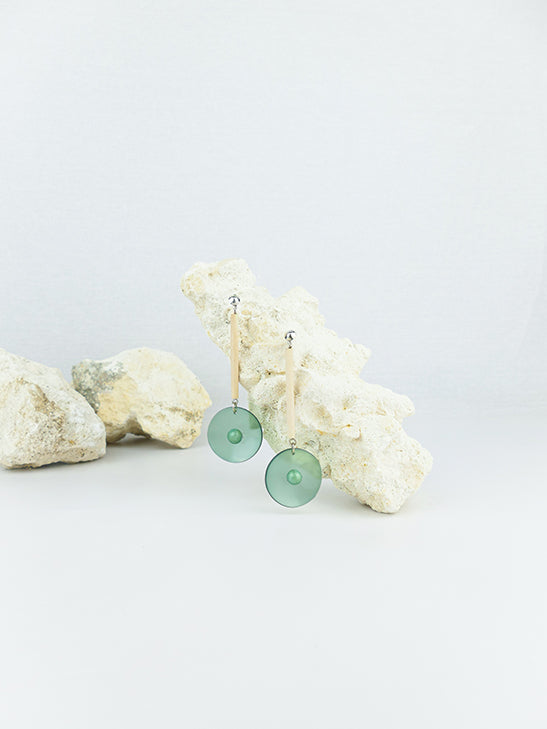 Green handmade wood and acrylic ear post pendant statement dangling earrings