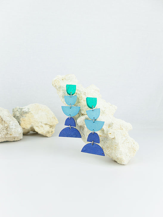 Blue handmade wood ear post geometric shape statement dangling earrings