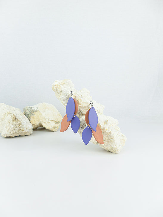 Blue handmade wood and acrylic ear post leaf shaped statement dangling earrings