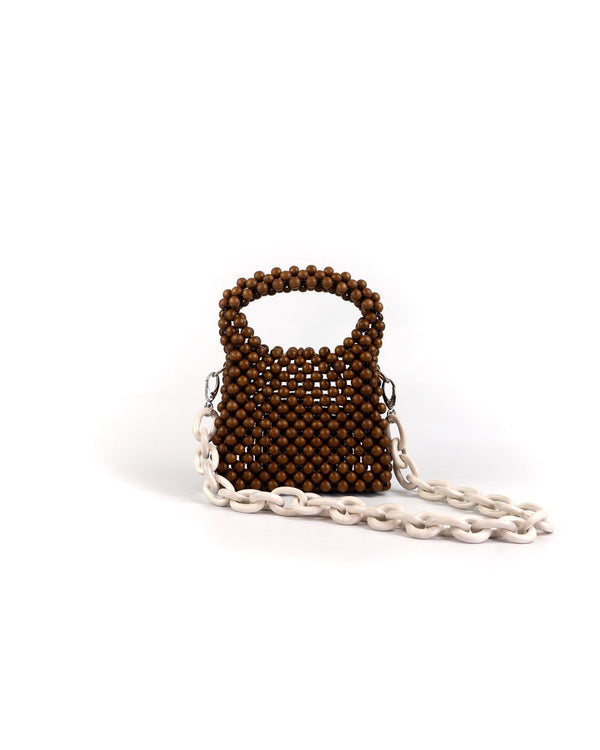 2022 Moy Studio Handbag Poppy Wood Beads Top Handle Shoulder Bag wth silver hardware in coco brown